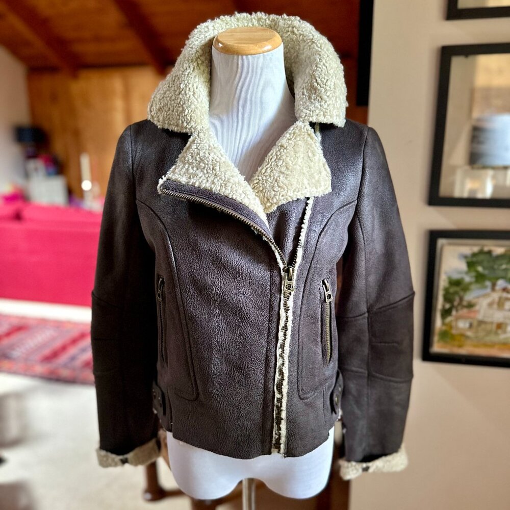 Lucky Brand Brown Faux Shearling Trim Moto Jacket